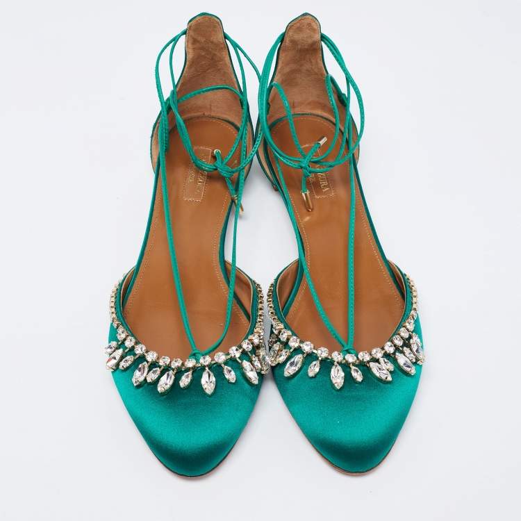 Pre Owned Aquazzura Green Satin Crystal Embellished Alexa Ankle Tie D'orsay Flats Size 41