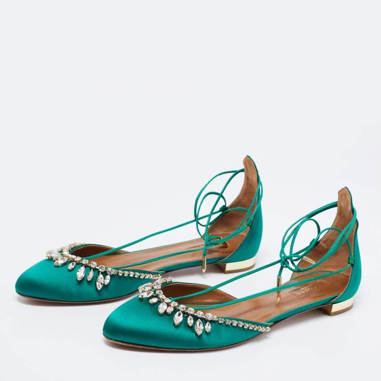 Pre Owned Aquazzura Green Satin Crystal Embellished Alexa Ankle Tie D'orsay Flats Size 41
