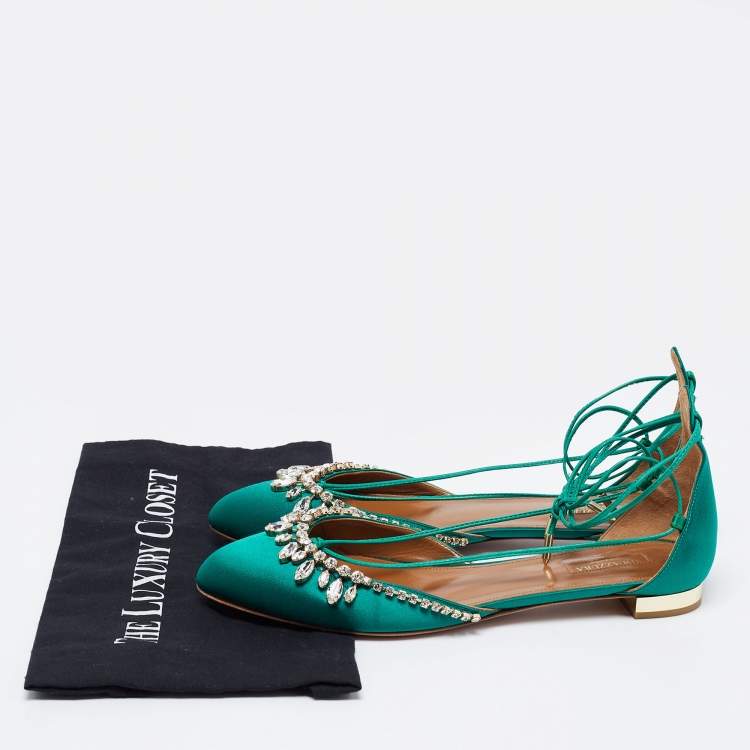 Pre Owned Aquazzura Green Satin Crystal Embellished Alexa Ankle Tie D'orsay Flats Size 41