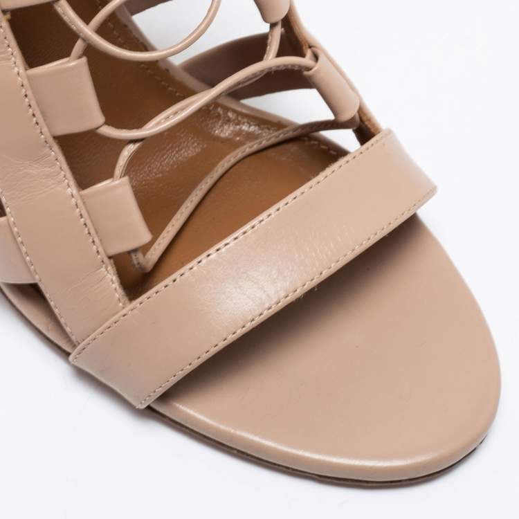 مملوكة مسبقًا Aquazzura Beige Leather Amazon Lace Up Open Toe Sandals Size 38.5
