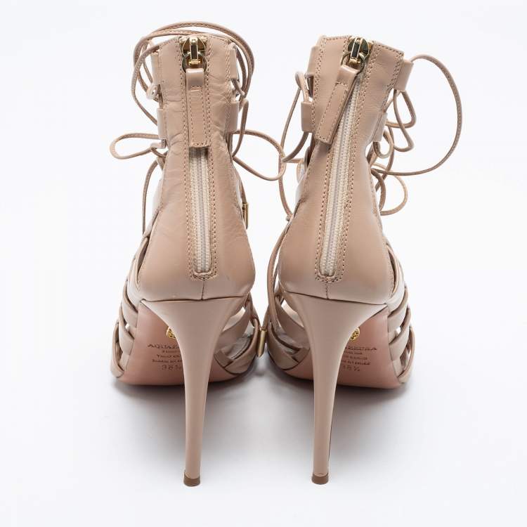 مملوكة مسبقًا Aquazzura Beige Leather Amazon Lace Up Open Toe Sandals Size 38.5