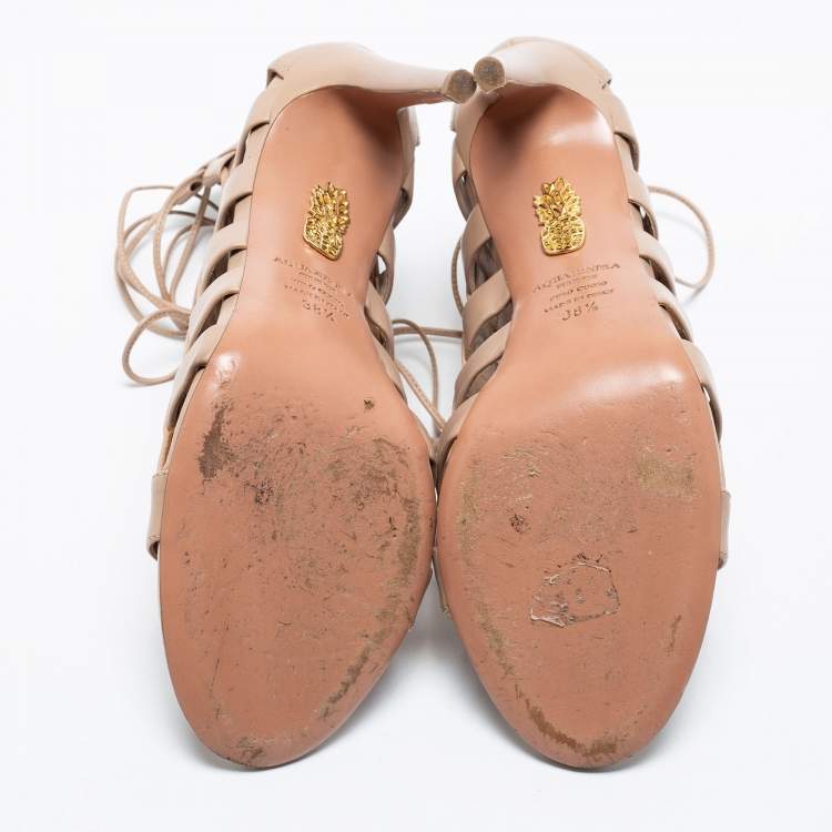 مملوكة مسبقًا Aquazzura Beige Leather Amazon Lace Up Open Toe Sandals Size 38.5