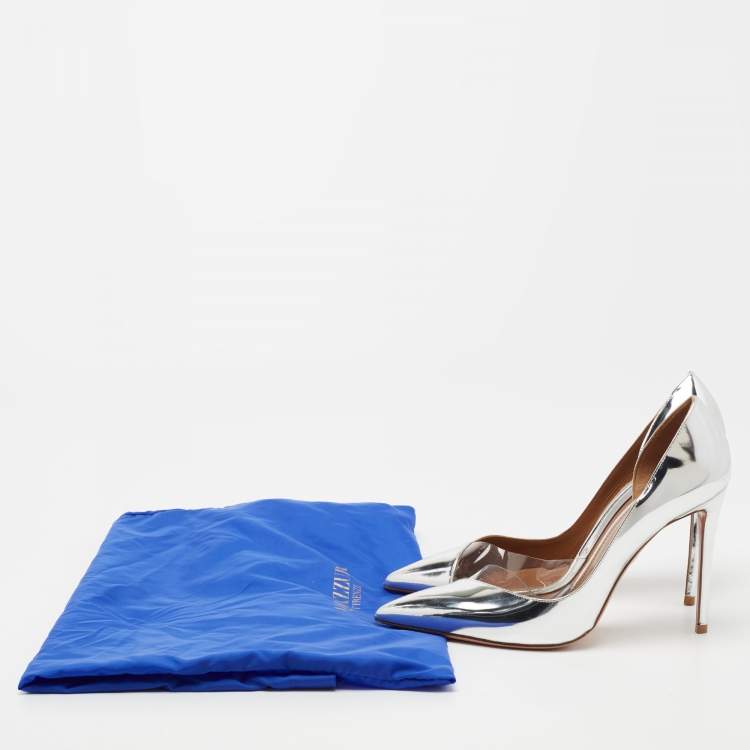 Pre Owned Aquazzura Metallic Silver Patent Leather And PVC Pointed Toe Pumps Size 38.5