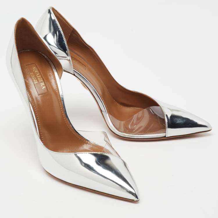 Pre Owned Aquazzura Metallic Silver Patent Leather And PVC Pointed Toe Pumps Size 38.5