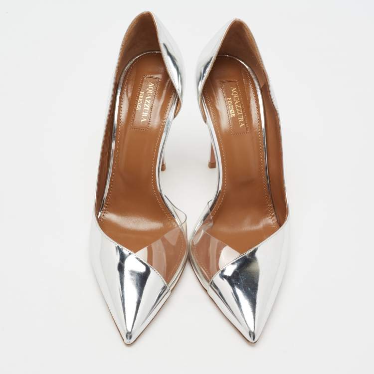 Pre Owned Aquazzura Metallic Silver Patent Leather And PVC Pointed Toe Pumps Size 38.5