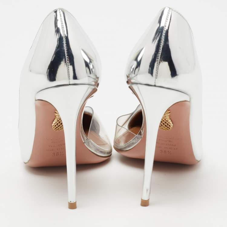 Pre Owned Aquazzura Metallic Silver Patent Leather And PVC Pointed Toe Pumps Size 38.5