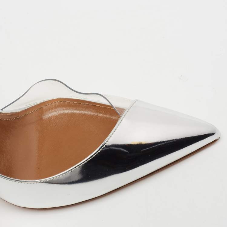 Pre Owned Aquazzura Metallic Silver Patent Leather And PVC Pointed Toe Pumps Size 38.5