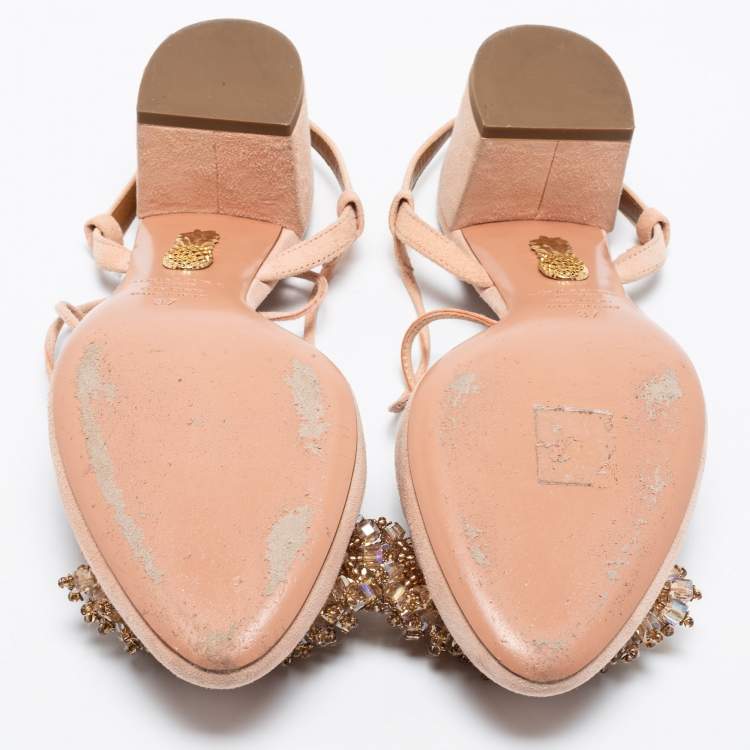 Pre Owned Aquazzura Peach Pink Suede Crystal Embellished Ankle-Tie Block Heel Sandals Size 37