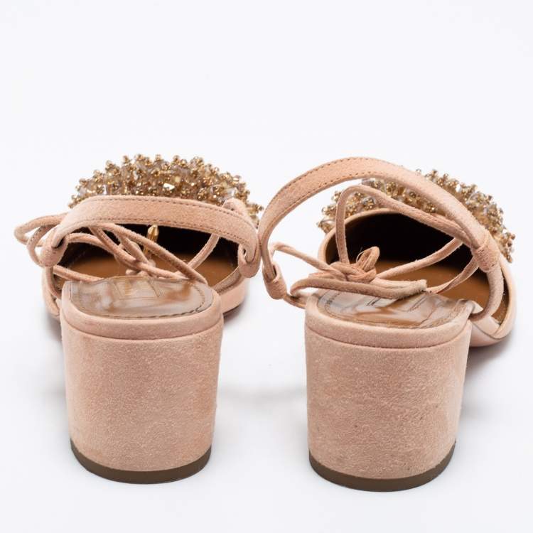 Pre Owned Aquazzura Peach Pink Suede Crystal Embellished Ankle-Tie Block Heel Sandals Size 37