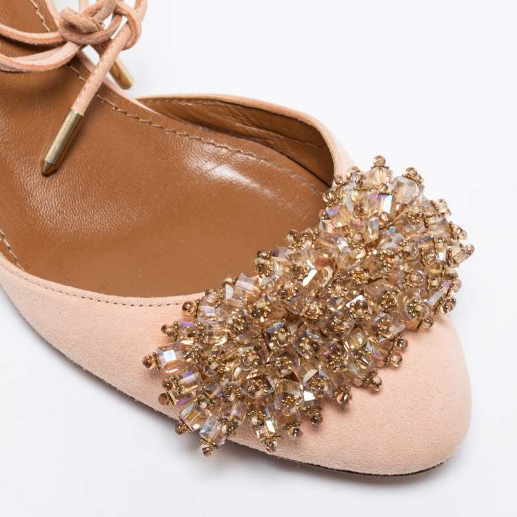 Pre Owned Aquazzura Peach Pink Suede Crystal Embellished Ankle-Tie Block Heel Sandals Size 37