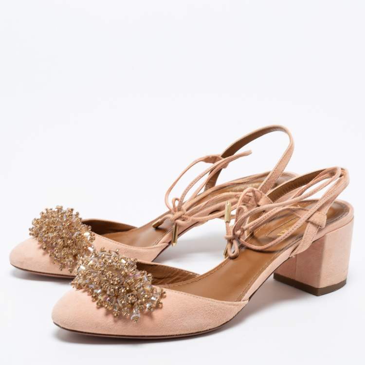 Pre Owned Aquazzura Peach Pink Suede Crystal Embellished Ankle-Tie Block Heel Sandals Size 37