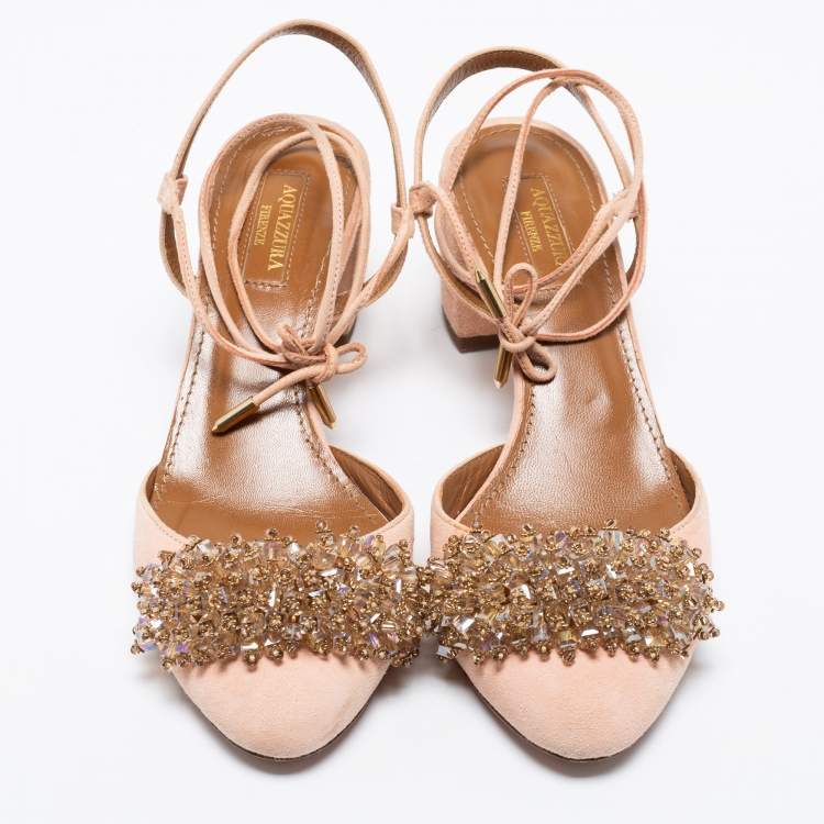 Pre Owned Aquazzura Peach Pink Suede Crystal Embellished Ankle-Tie Block Heel Sandals Size 37
