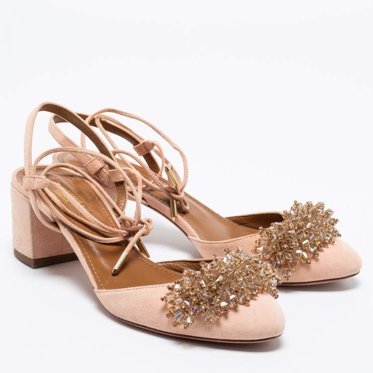 Pre Owned Aquazzura Peach Pink Suede Crystal Embellished Ankle-Tie Block Heel Sandals Size 37