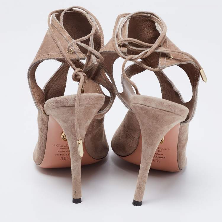 Pre Owned Aquazzura Beige Suede Sexy Thing Cutout Ankle Tie Sandals Size 38.5
