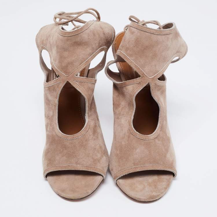 Pre Owned Aquazzura Beige Suede Sexy Thing Cutout Ankle Tie Sandals Size 38.5