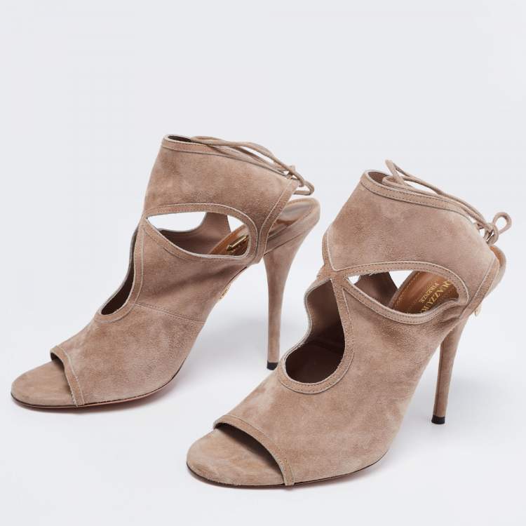 Pre Owned Aquazzura Beige Suede Sexy Thing Cutout Ankle Tie Sandals Size 38.5