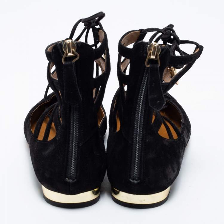 مملوكة مسبقًا Aquazzura Black Suede Dancer Lace-Up Ballet Flats Size 38