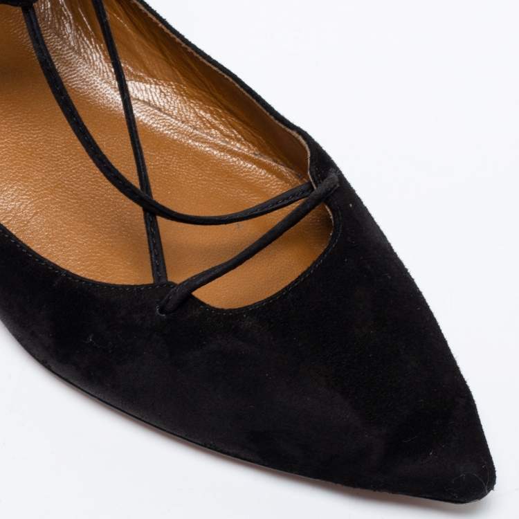 مملوكة مسبقًا Aquazzura Black Suede Dancer Lace-Up Ballet Flats Size 38
