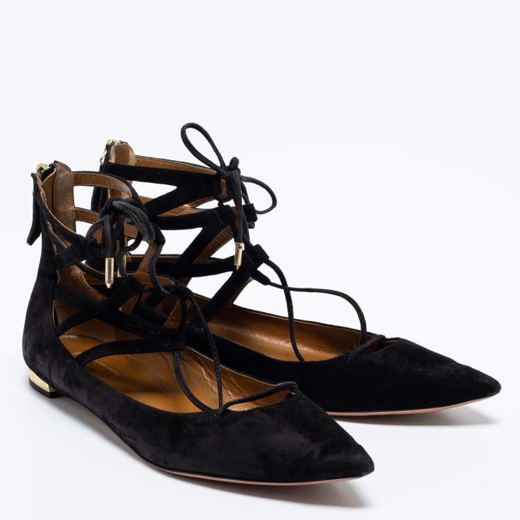 مملوكة مسبقًا Aquazzura Black Suede Dancer Lace-Up Ballet Flats Size 38