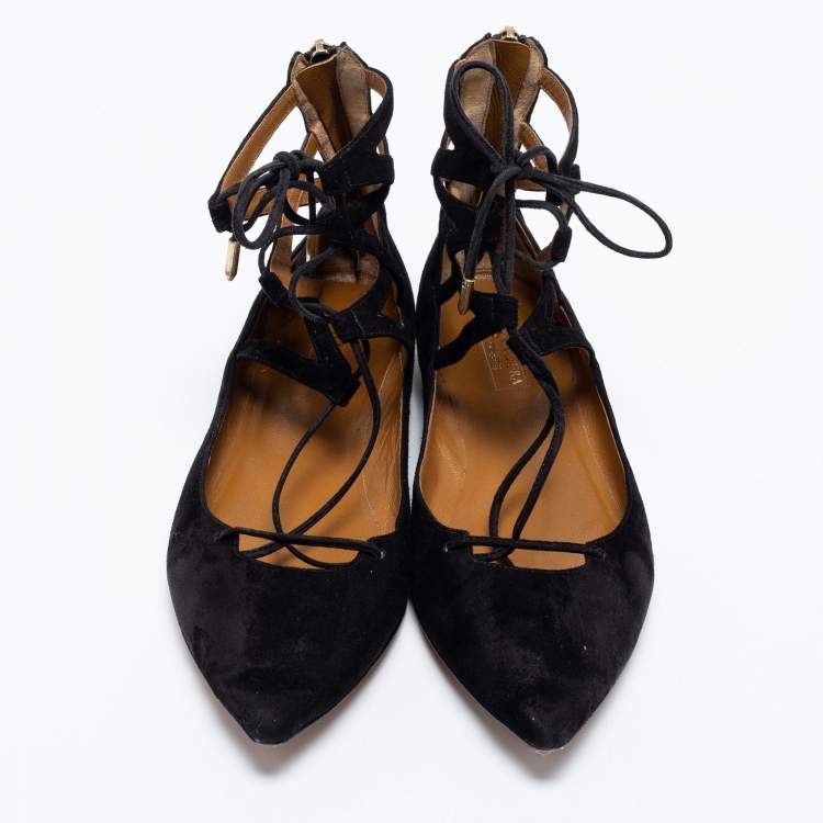 مملوكة مسبقًا Aquazzura Black Suede Dancer Lace-Up Ballet Flats Size 38