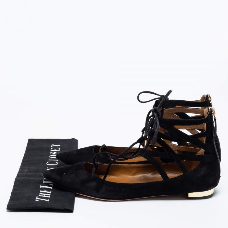 مملوكة مسبقًا Aquazzura Black Suede Dancer Lace-Up Ballet Flats Size 38