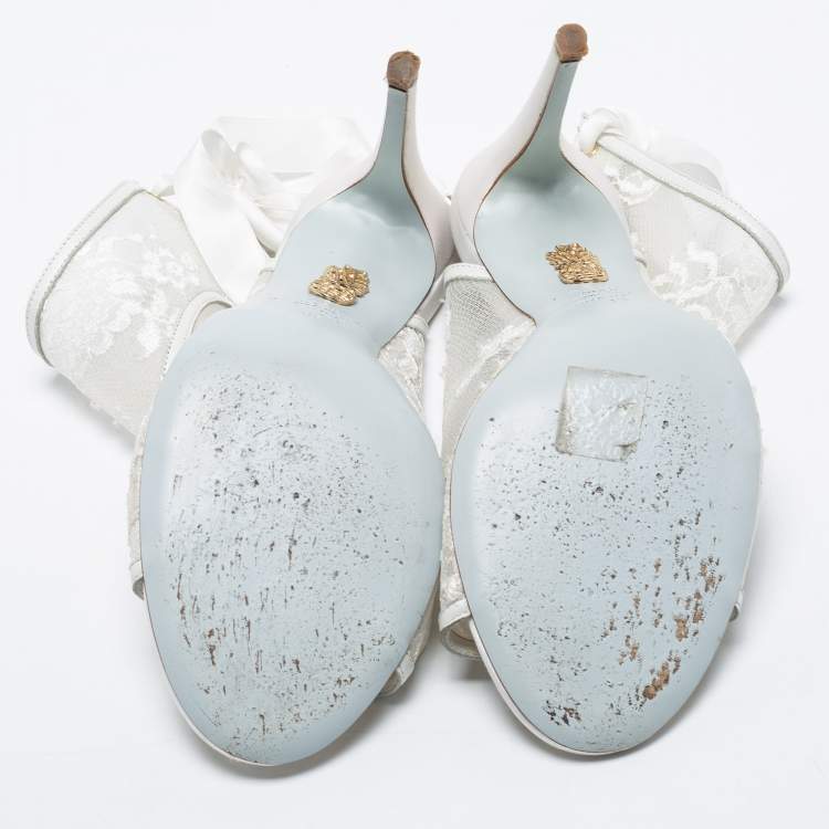 Pre Owned Aquazzura White Lace and Leather Sexy Thing Bridal Cut Out Ankle Wrap Booties Size 38