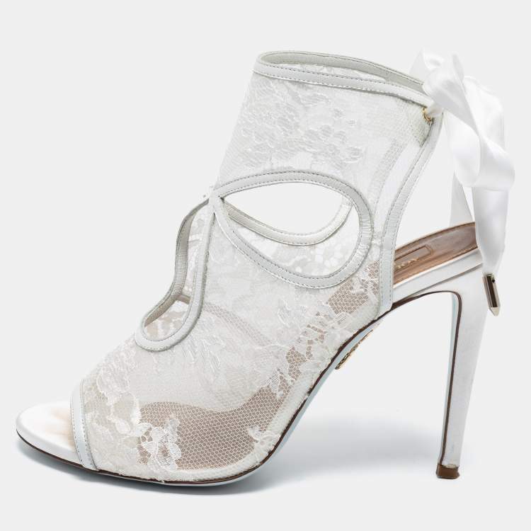 Aquazzura White Lace and Leather Sexy Thing Bridal Cut Out Ankle Wrap Booties Size 38 Aquazzura The Luxury Closet