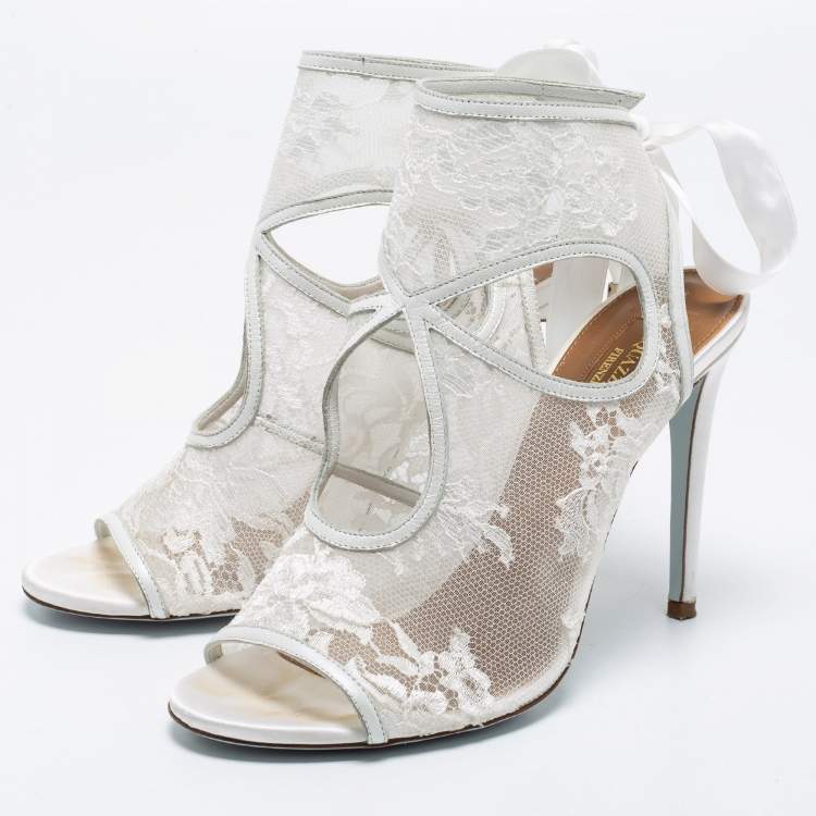 Pre Owned Aquazzura White Lace and Leather Sexy Thing Bridal Cut Out Ankle Wrap Booties Size 38