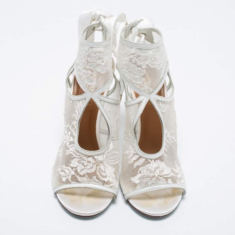 Pre Owned Aquazzura White Lace and Leather Sexy Thing Bridal Cut Out Ankle Wrap Booties Size 38