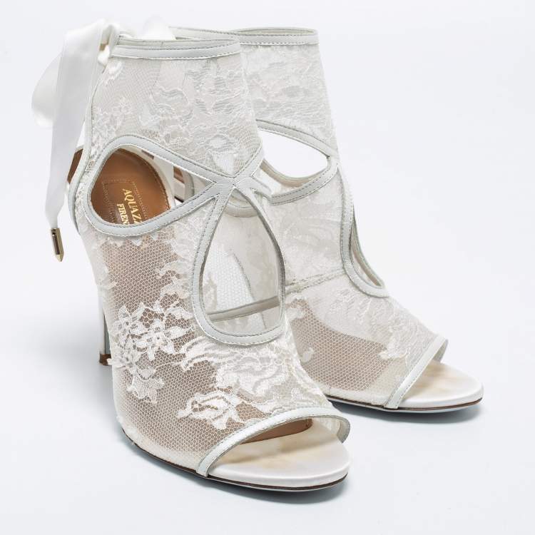 Pre Owned Aquazzura White Lace and Leather Sexy Thing Bridal Cut Out Ankle Wrap Booties Size 38