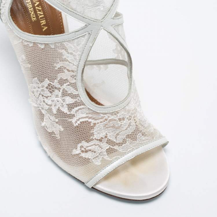 Pre Owned Aquazzura White Lace and Leather Sexy Thing Bridal Cut Out Ankle Wrap Booties Size 38