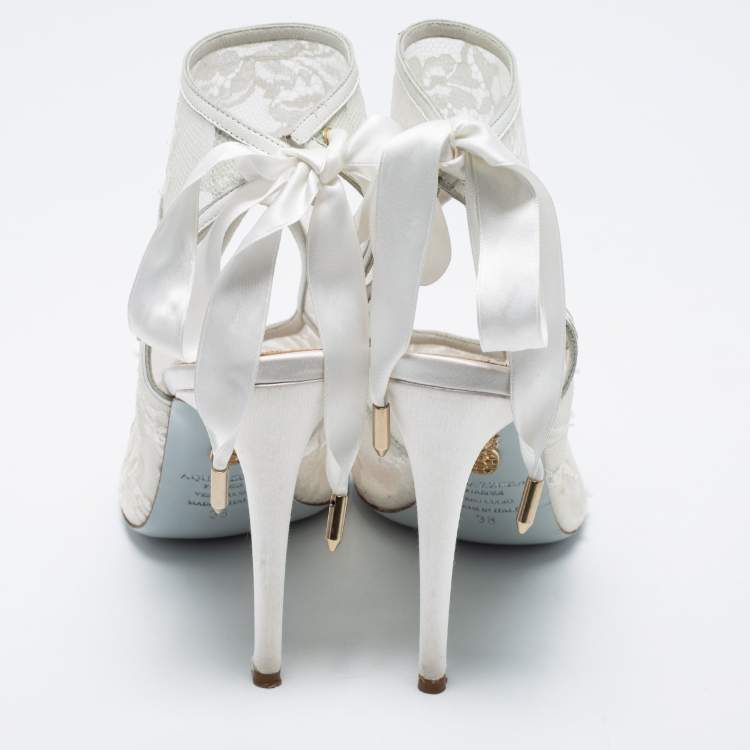 Pre Owned Aquazzura White Lace and Leather Sexy Thing Bridal Cut Out Ankle Wrap Booties Size 38