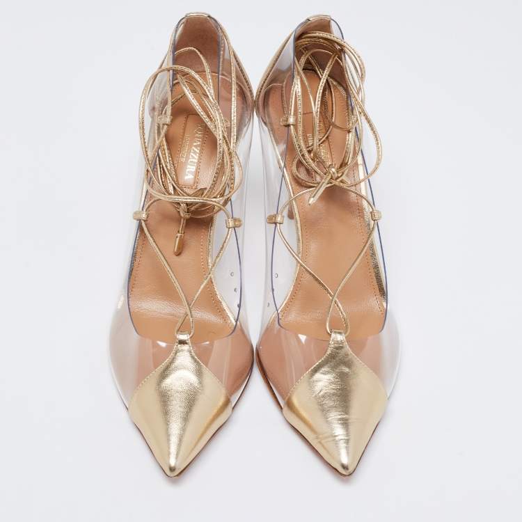 مملوكة مسبقًا Aquazzura Gold Leather and PVC Magic Ankle-Tie Pumps Size 38.5