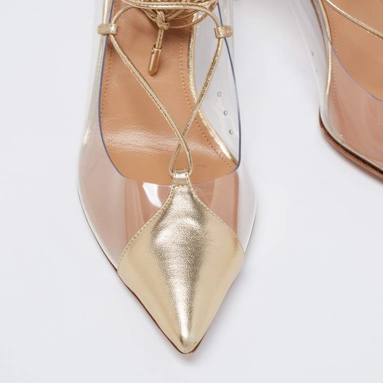مملوكة مسبقًا Aquazzura Gold Leather and PVC Magic Ankle-Tie Pumps Size 38.5
