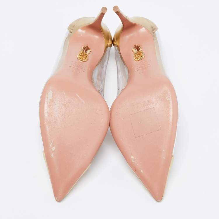 مملوكة مسبقًا Aquazzura Gold Leather and PVC Magic Ankle-Tie Pumps Size 38.5