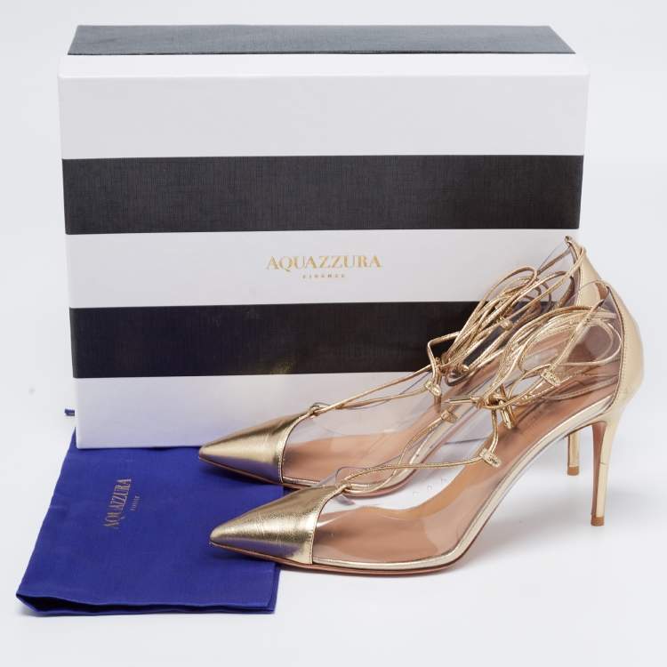 مملوكة مسبقًا Aquazzura Gold Leather and PVC Magic Ankle-Tie Pumps Size 38.5