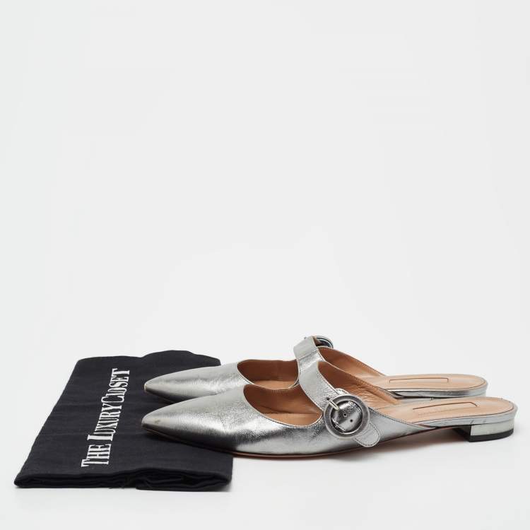 Pre Owned Aquazzura Metallic Silver Leather Buckle Detail Pointed Toe Flat Mules Size 39.5