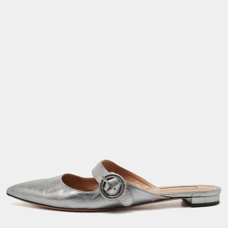 Pre Owned Aquazzura Metallic Silver Leather Buckle Detail Pointed Toe Flat Mules Size 39.5
