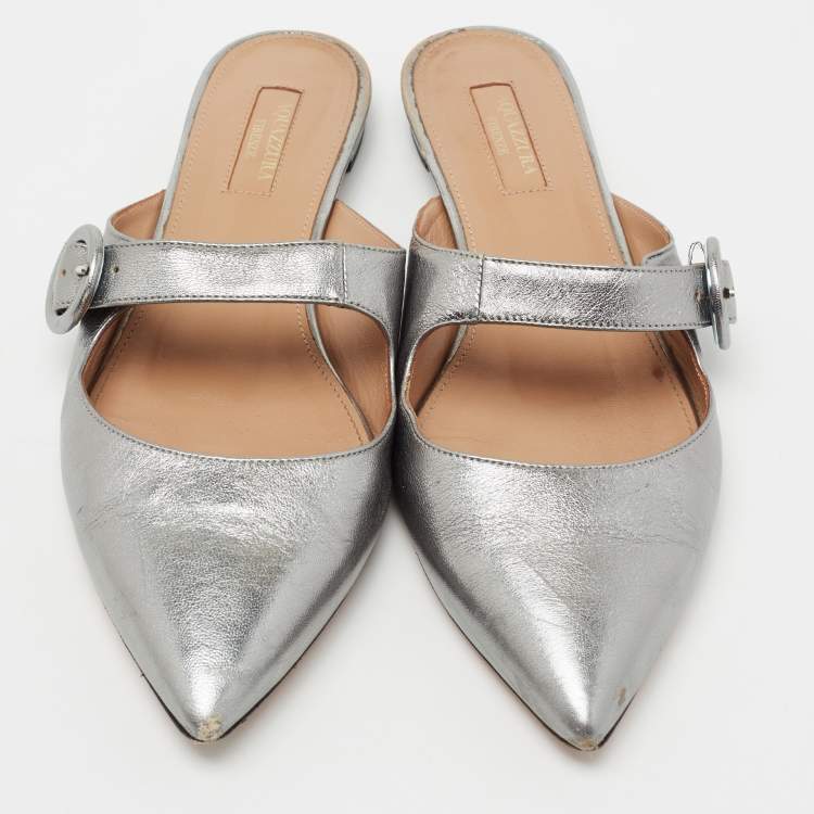 Pre Owned Aquazzura Metallic Silver Leather Buckle Detail Pointed Toe Flat Mules Size 39.5