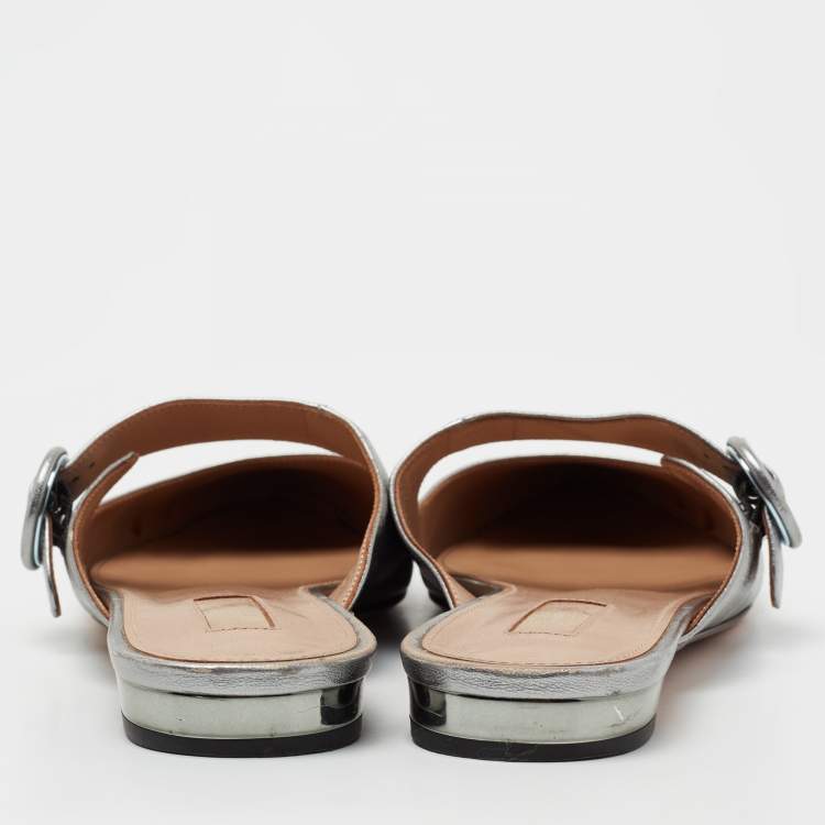 Pre Owned Aquazzura Metallic Silver Leather Buckle Detail Pointed Toe Flat Mules Size 39.5