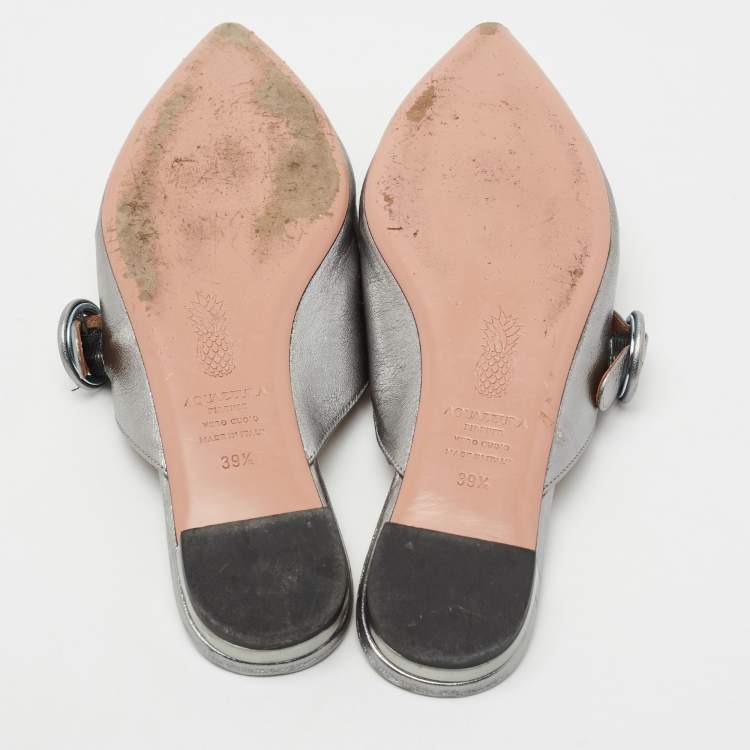 Pre Owned Aquazzura Metallic Silver Leather Buckle Detail Pointed Toe Flat Mules Size 39.5