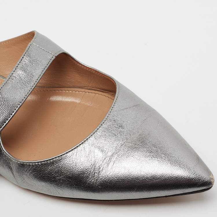 Pre Owned Aquazzura Metallic Silver Leather Buckle Detail Pointed Toe Flat Mules Size 39.5
