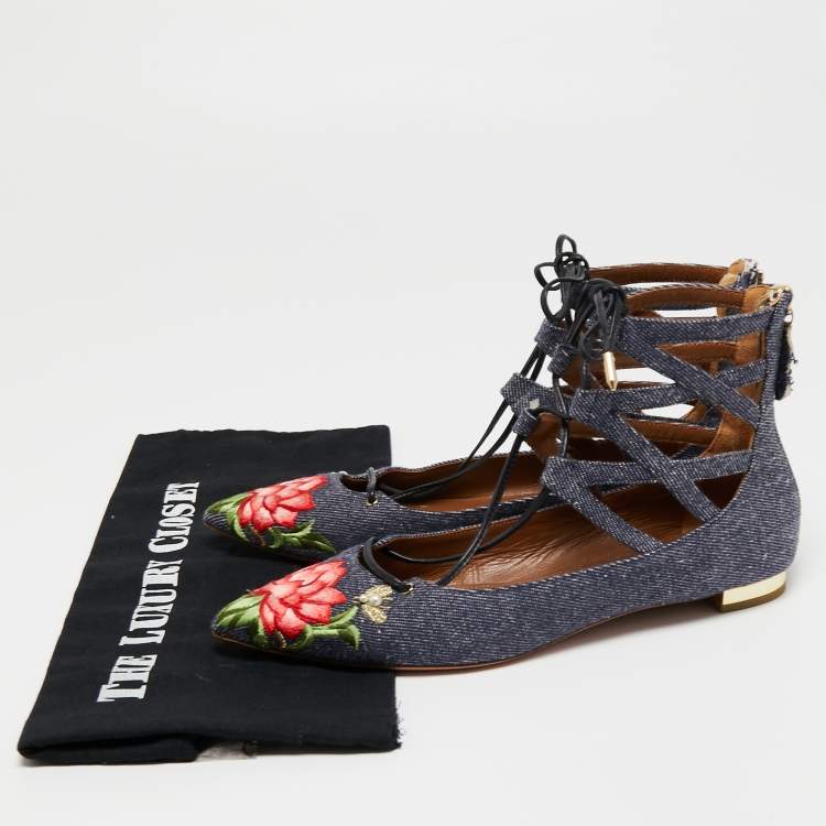 Pre Owned Aquazzura Blue Floral Embroidered Denim Christy Flat Sandals Size 38