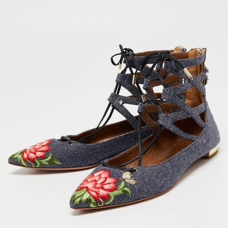 Pre Owned Aquazzura Blue Floral Embroidered Denim Christy Flat Sandals Size 38