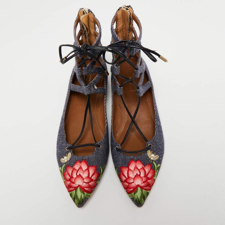 Pre Owned Aquazzura Blue Floral Embroidered Denim Christy Flat Sandals Size 38