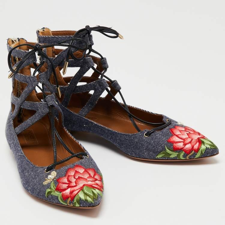 Pre Owned Aquazzura Blue Floral Embroidered Denim Christy Flat Sandals Size 38