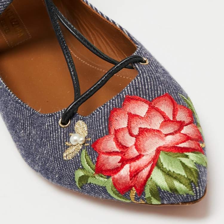 Pre Owned Aquazzura Blue Floral Embroidered Denim Christy Flat Sandals Size 38