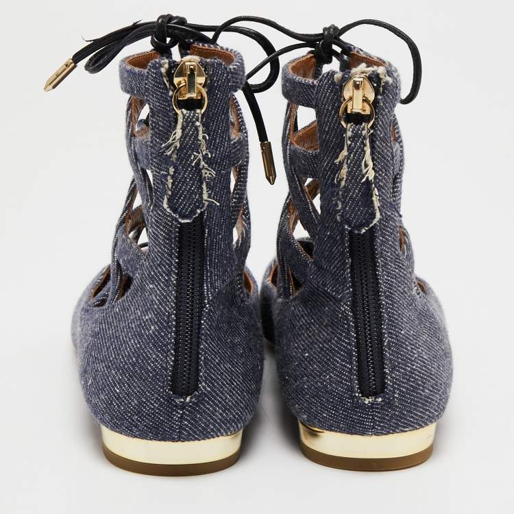 Pre Owned Aquazzura Blue Floral Embroidered Denim Christy Flat Sandals Size 38