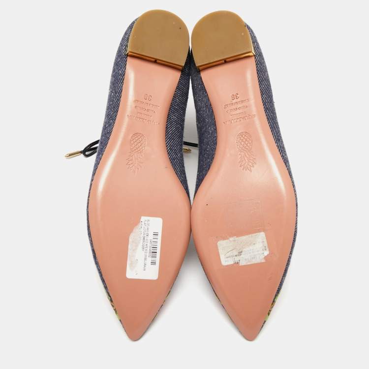Pre Owned Aquazzura Blue Floral Embroidered Denim Christy Flat Sandals Size 38