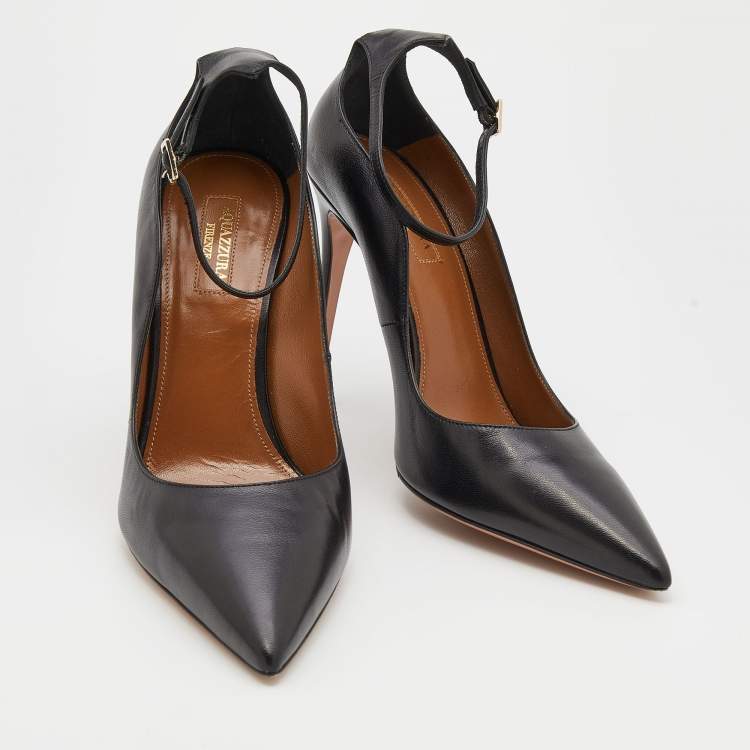 Pre Owned Aquazzura Black Leather Ankle Strap Pumps Size 40